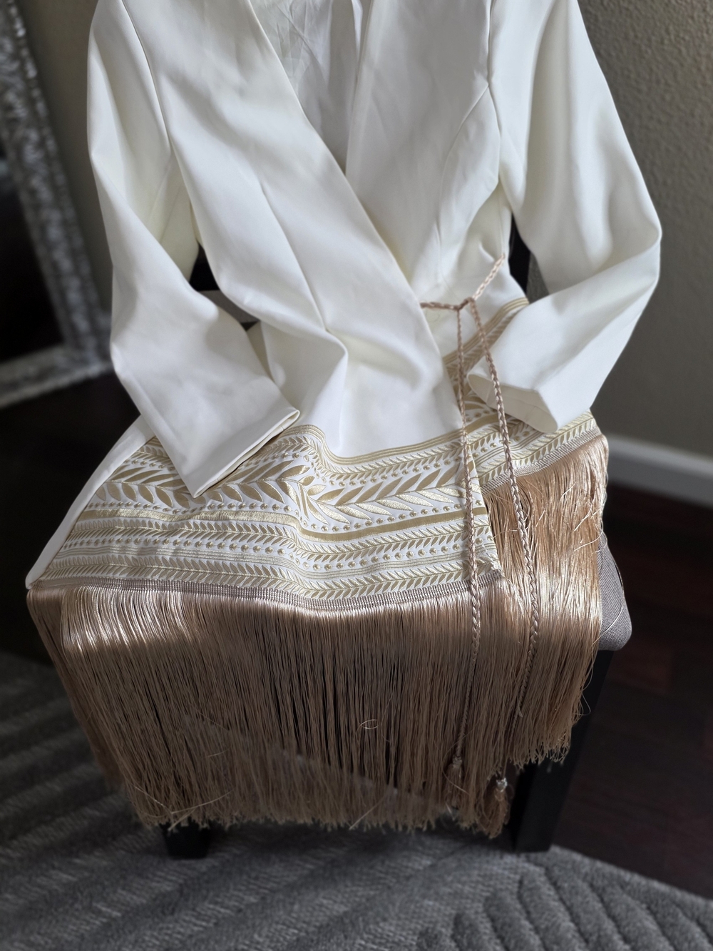 White Blazer with Gold Embroidered Fringe Trim